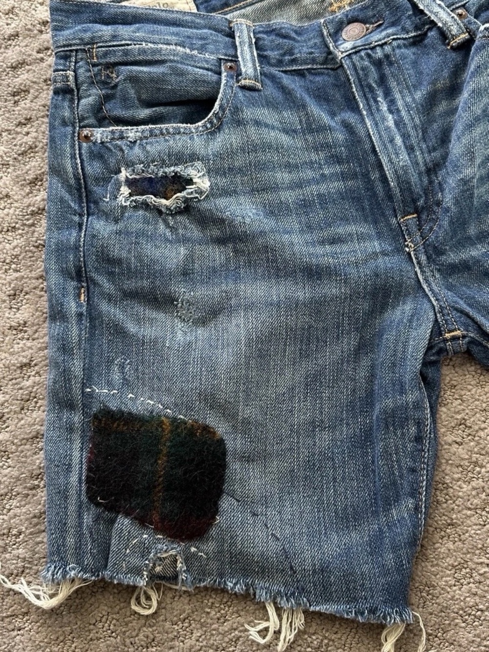 Polo by Ralph Lauren Blue Distressed Denim Shorts with Plaid Patches size 27 - Picture 6 of 10